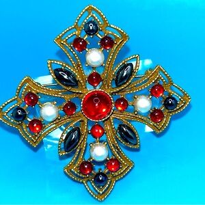 Vintage  Corocraft MalteseCross Brooch Statement MultiColored Cabochons GoldTone